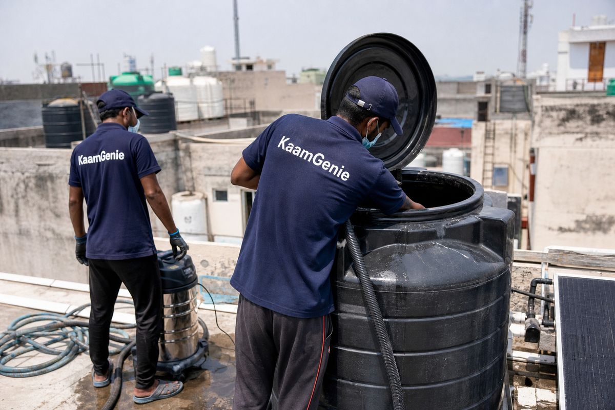 KaamGenie crew cleaning a Sintex / plastic tank in Shakarpur, Delhi