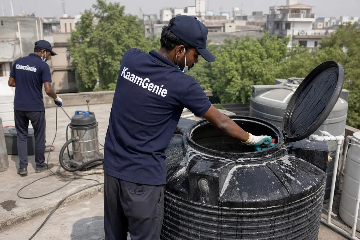 KaamGenie crew cleaning a Sintex / plastic tank in Shalimar Bagh, Delhi