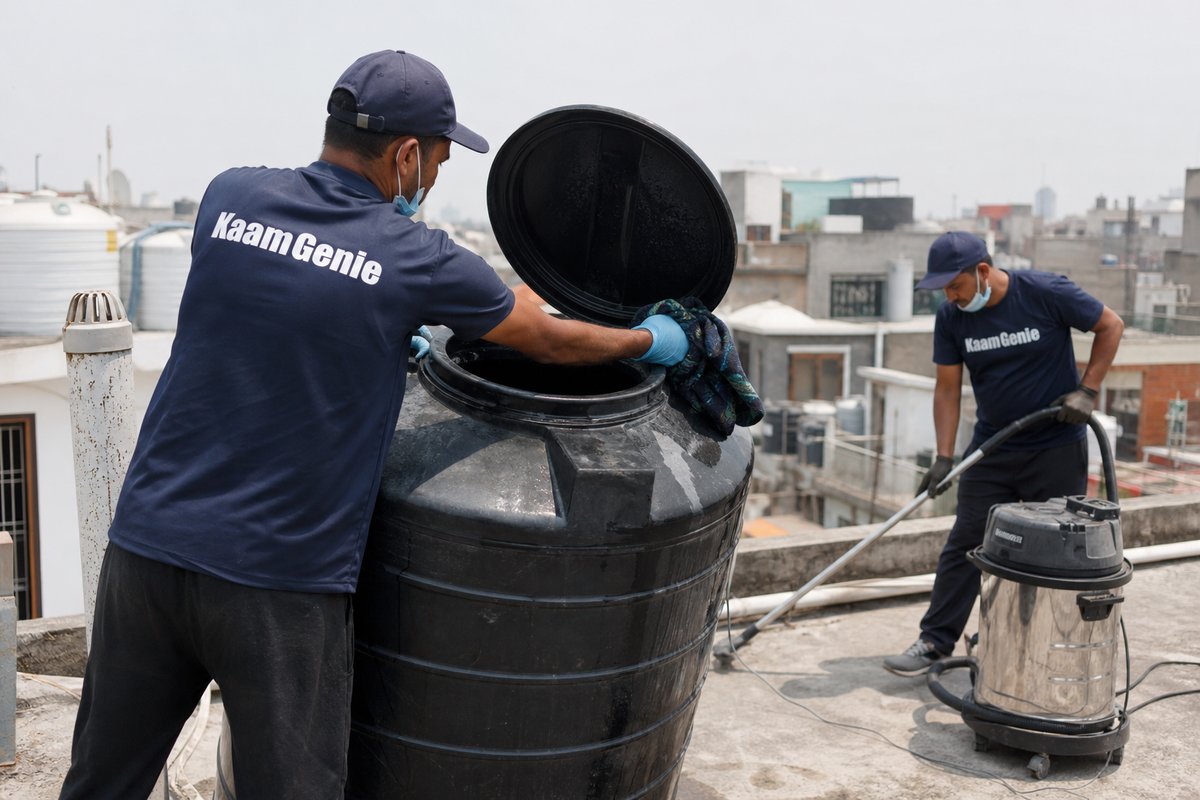 KaamGenie crew cleaning a Sintex / plastic tank in Shastri Nagar (North West), Delhi