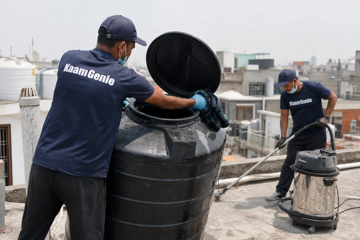 KaamGenie crew cleaning a Sintex / plastic tank in Shastri Nagar (North West), Delhi