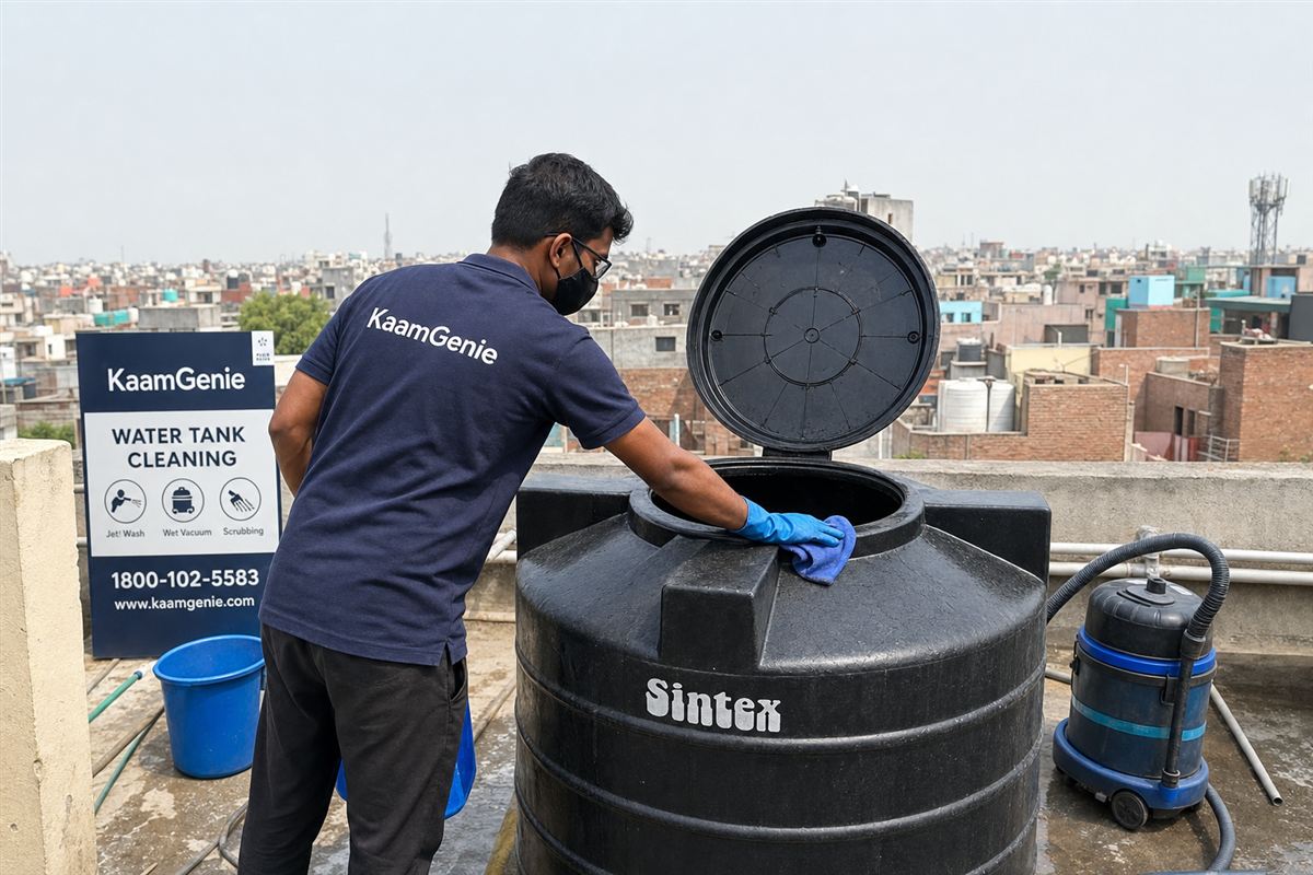 KaamGenie crew cleaning a Sintex / plastic tank in Sheikh Sarai, Delhi