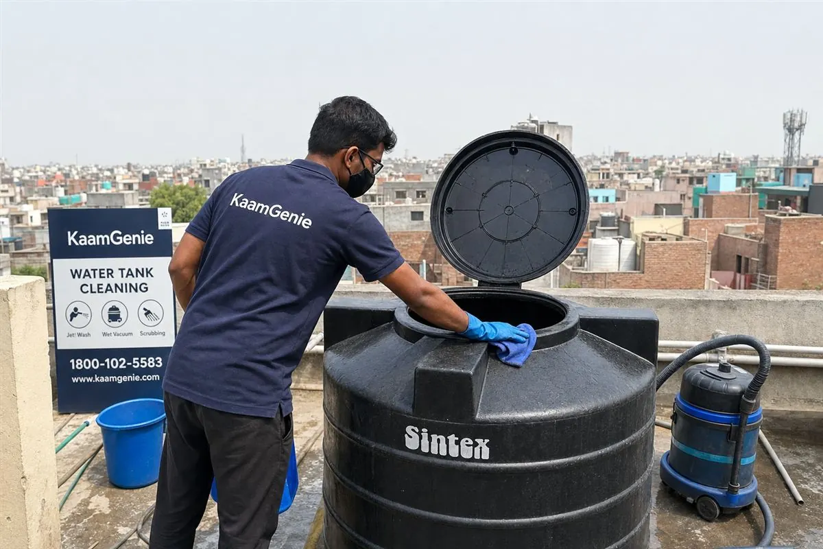 KaamGenie crew cleaning a Sintex / plastic tank in Sheikh Sarai, Delhi