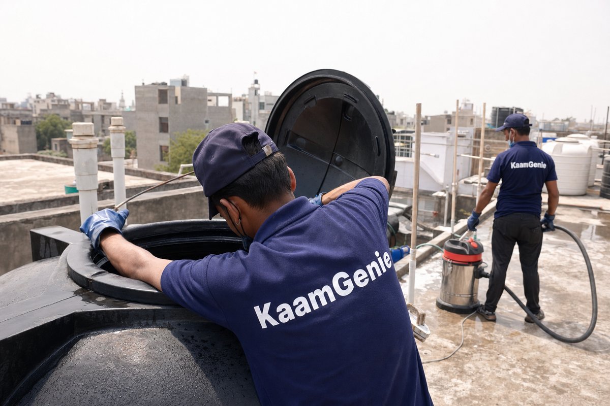 KaamGenie crew cleaning a Sintex / plastic tank in Sultanpur, Delhi