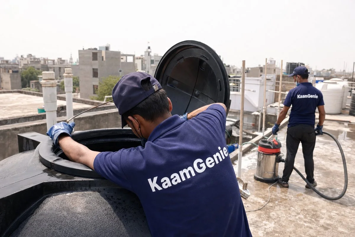 KaamGenie crew cleaning a Sintex / plastic tank in Sultanpur, Delhi