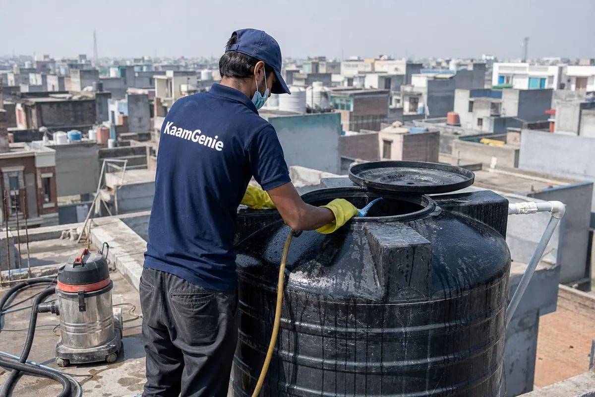 KaamGenie crew cleaning a Sintex / plastic tank in Sunder Nagari, Delhi