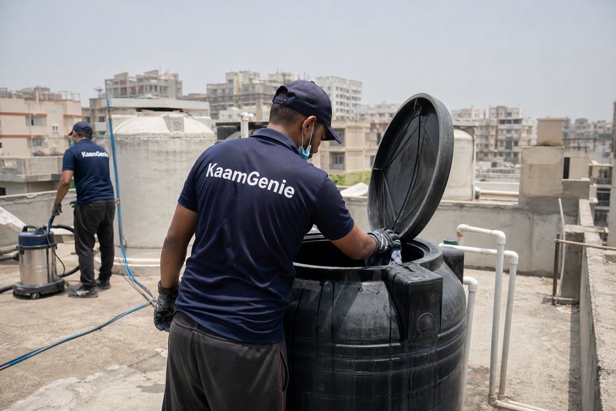 KaamGenie crew cleaning a Sintex / plastic tank in Tara Apartments, Delhi