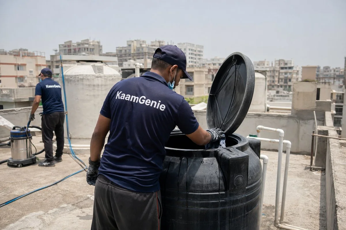 KaamGenie crew cleaning a Sintex / plastic tank in Tara Apartments, Delhi