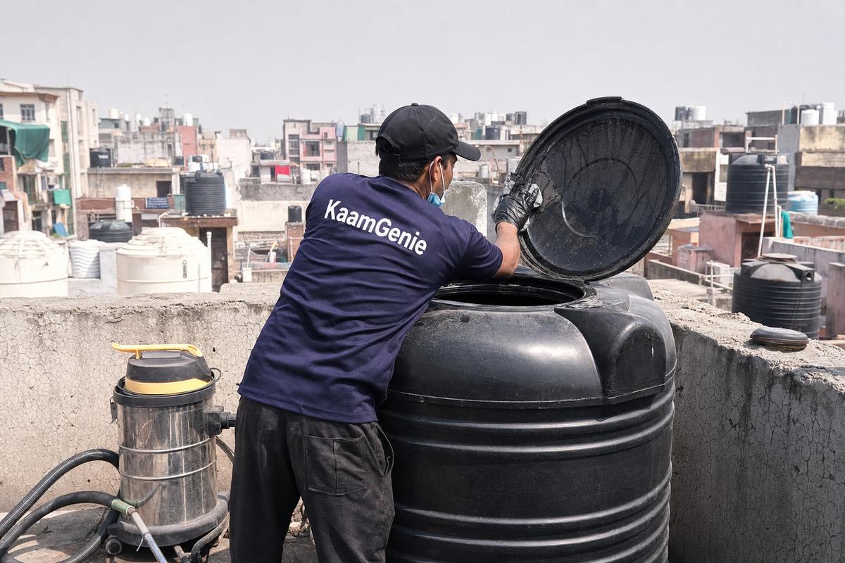 KaamGenie crew cleaning a Sintex / plastic tank in Tigri, Delhi
