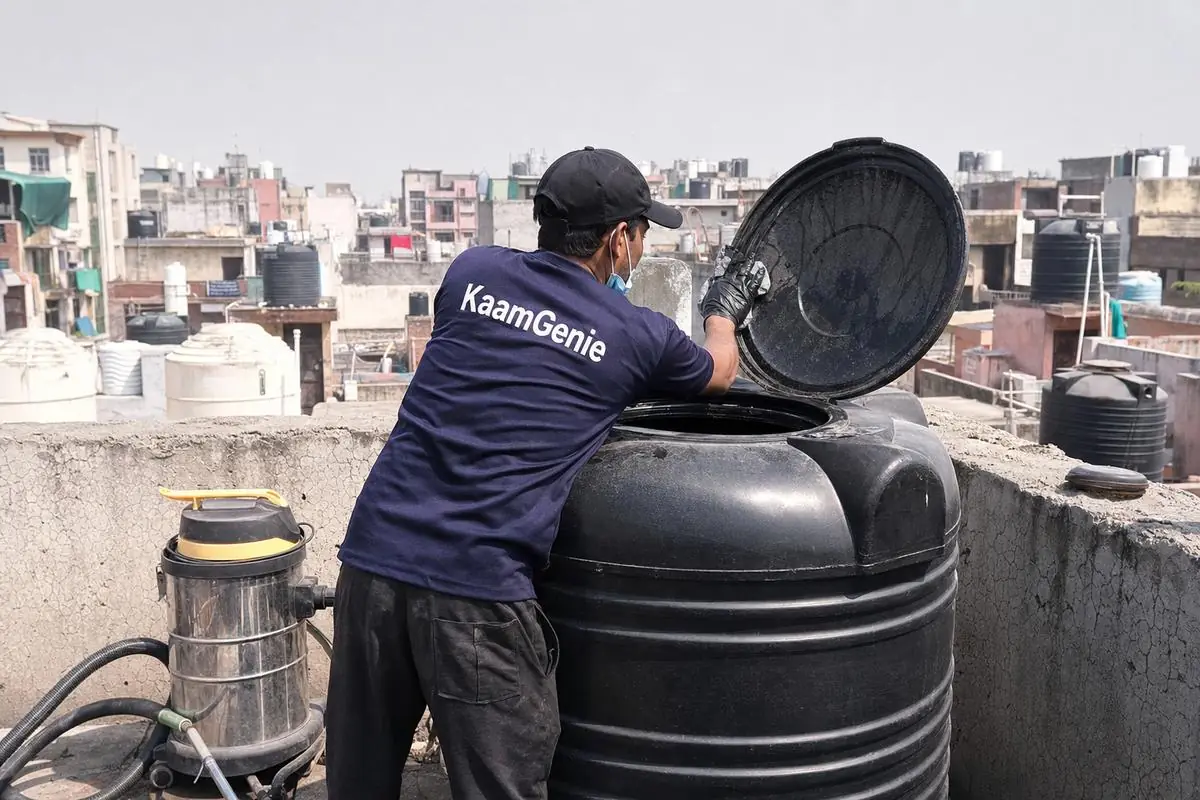 KaamGenie crew cleaning a Sintex / plastic tank in Tigri, Delhi
