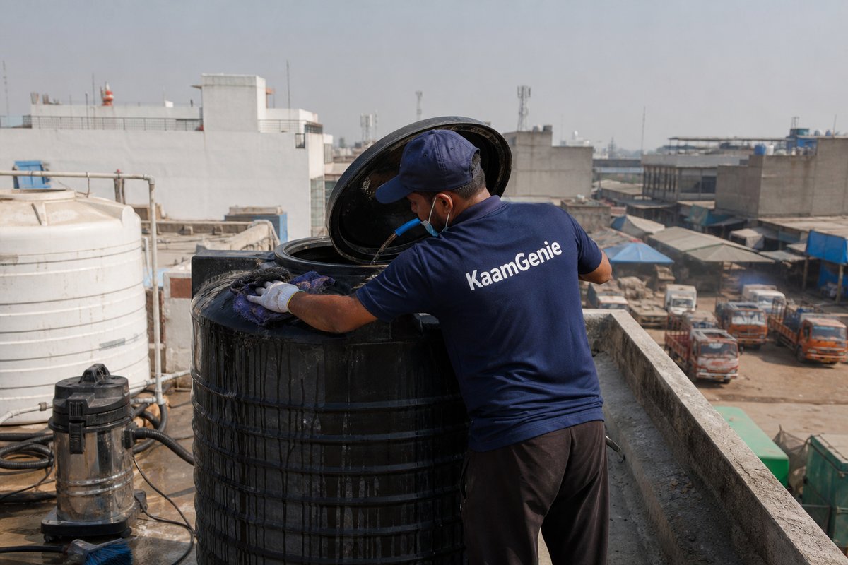 KaamGenie crew cleaning a Sintex / plastic tank in Tikri Kalan, Delhi