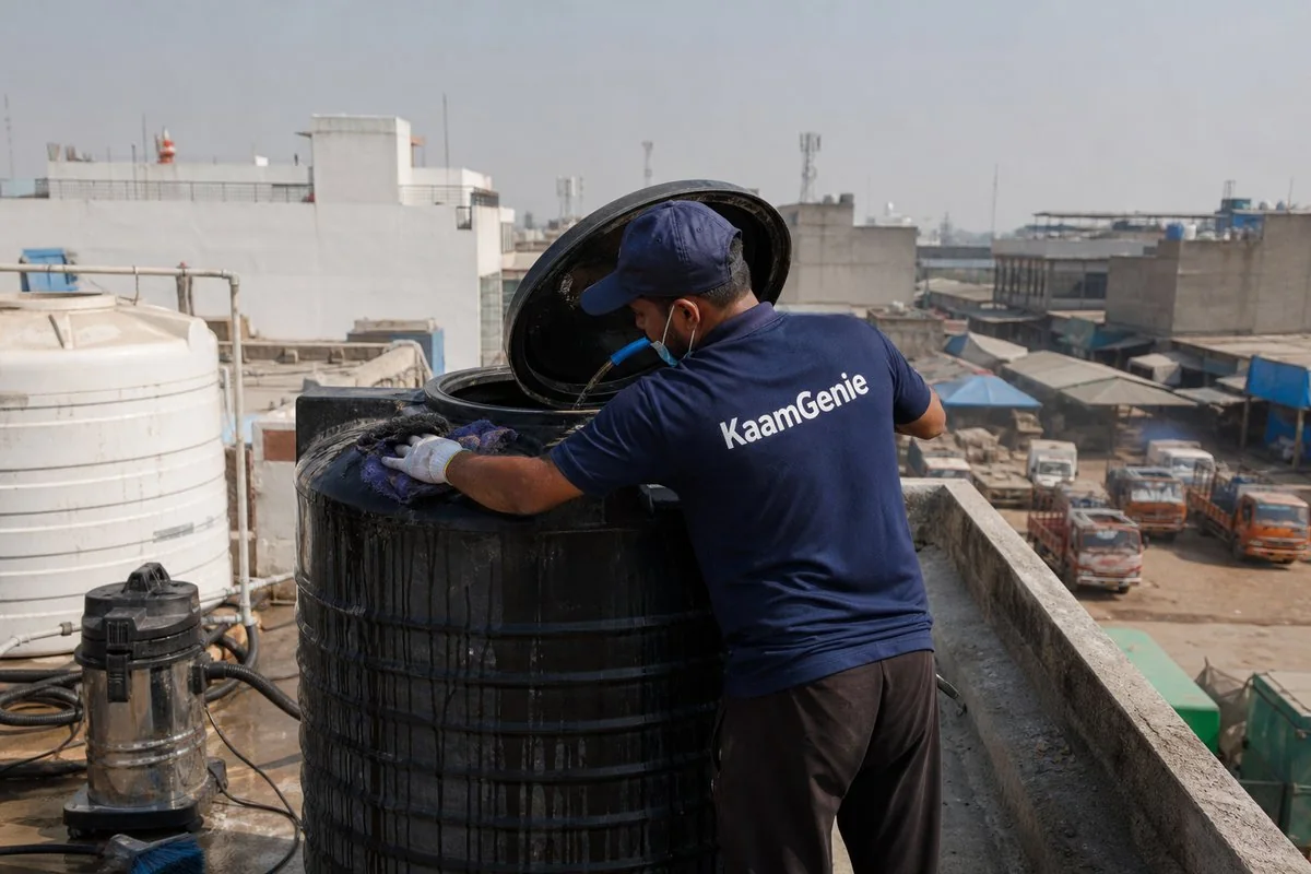 KaamGenie crew cleaning a Sintex / plastic tank in Tikri Kalan, Delhi
