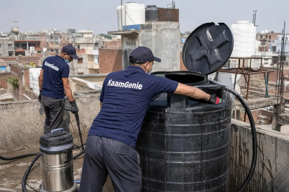 KaamGenie crew cleaning a Sintex / plastic tank in Trilok Puri, Delhi