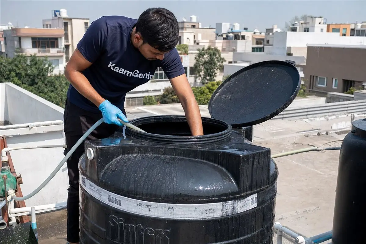 KaamGenie crew cleaning a Sintex / plastic tank in Vasant Vihar, Delhi