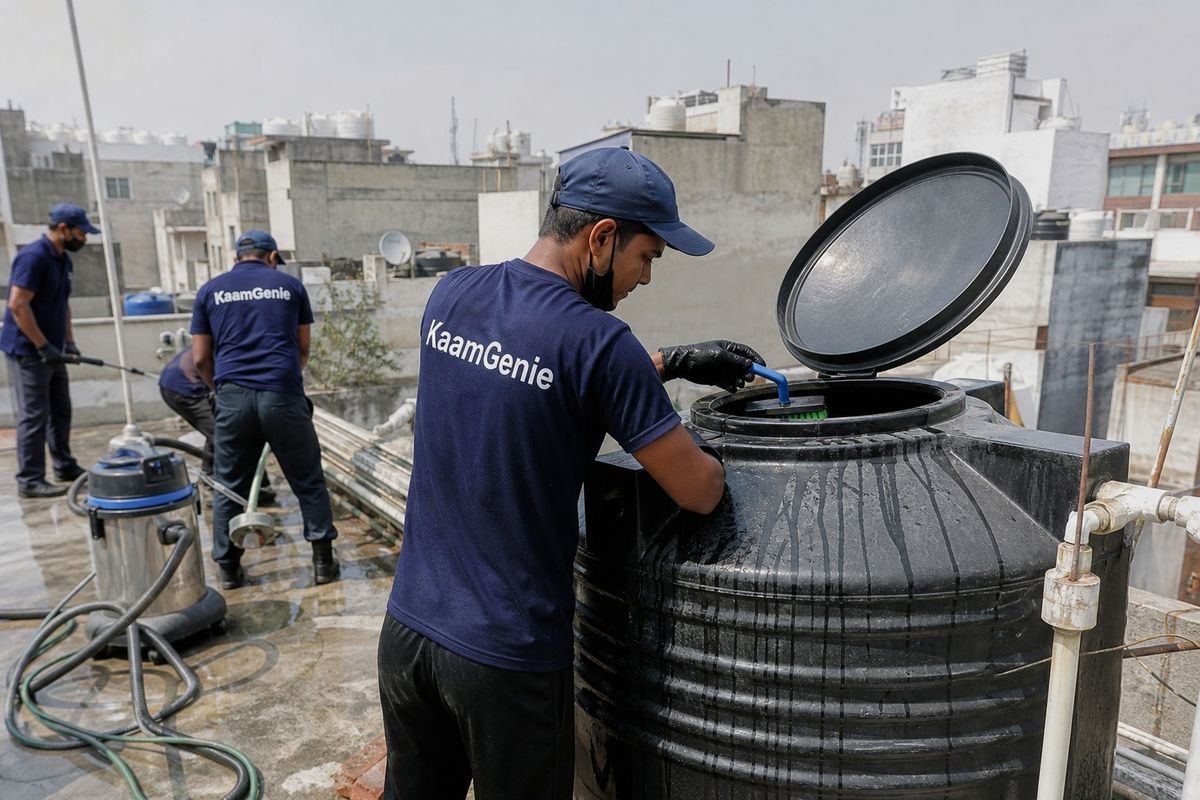 KaamGenie crew cleaning a Sintex / plastic tank in Vishnu Garden, Delhi