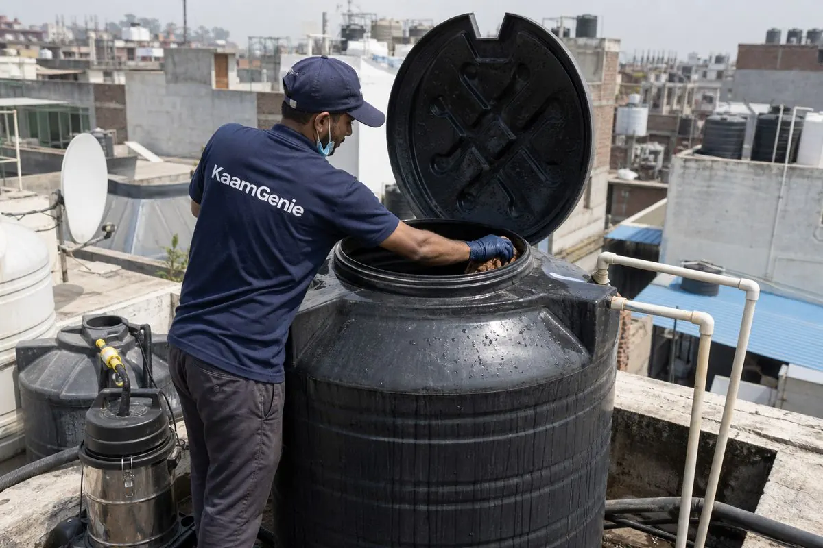KaamGenie crew cleaning a Sintex / plastic tank in Vishwas Nagar, Delhi
