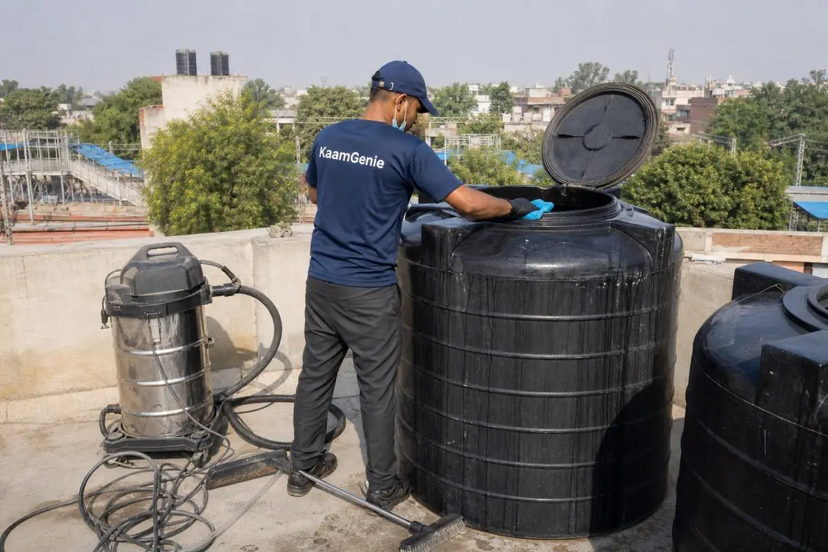 KaamGenie crew cleaning a Sintex / plastic tank in Vivek Vihar, Delhi