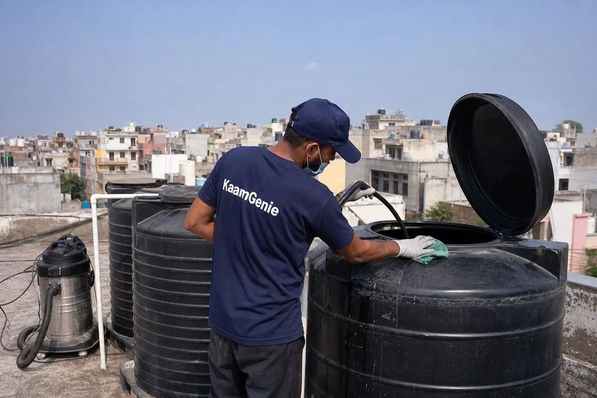 KaamGenie crew cleaning a Sintex / plastic tank in Yamuna Vihar, Delhi