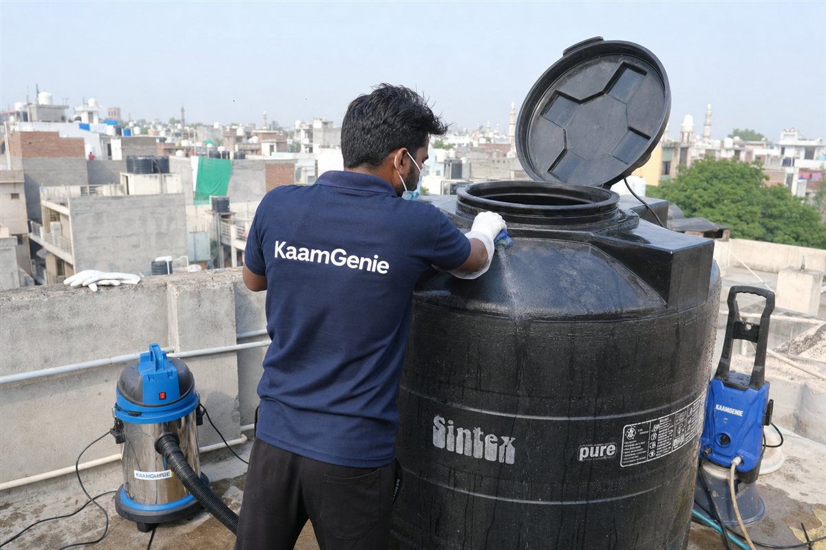 KaamGenie crew cleaning a Sintex / plastic tank in Zakir Nagar, Delhi