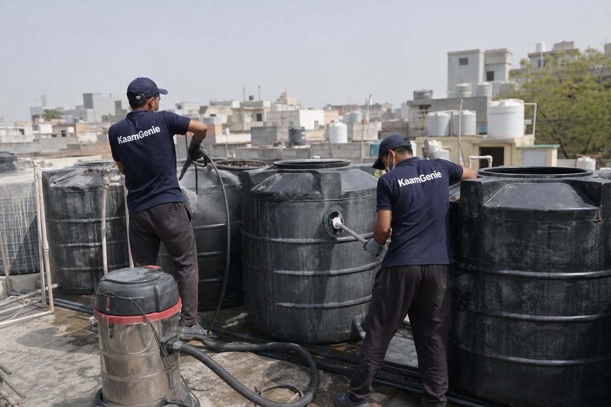 KaamGenie crew cleaning a society water tank in Adchini, Delhi
