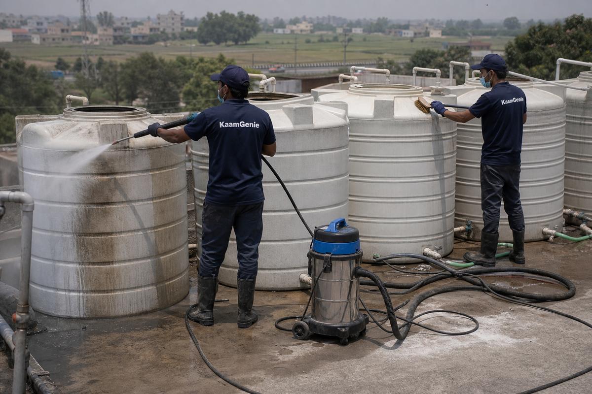 KaamGenie crew cleaning a society water tank in Alipur, Delhi