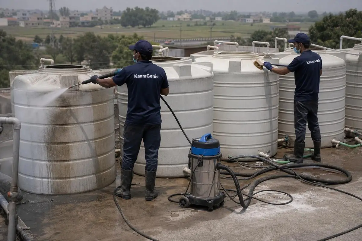 KaamGenie crew cleaning a society water tank in Alipur, Delhi