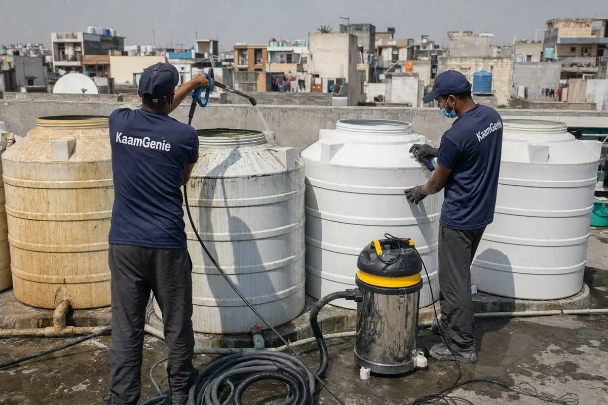 KaamGenie crew cleaning a society water tank in Ambedkar Nagar, Delhi