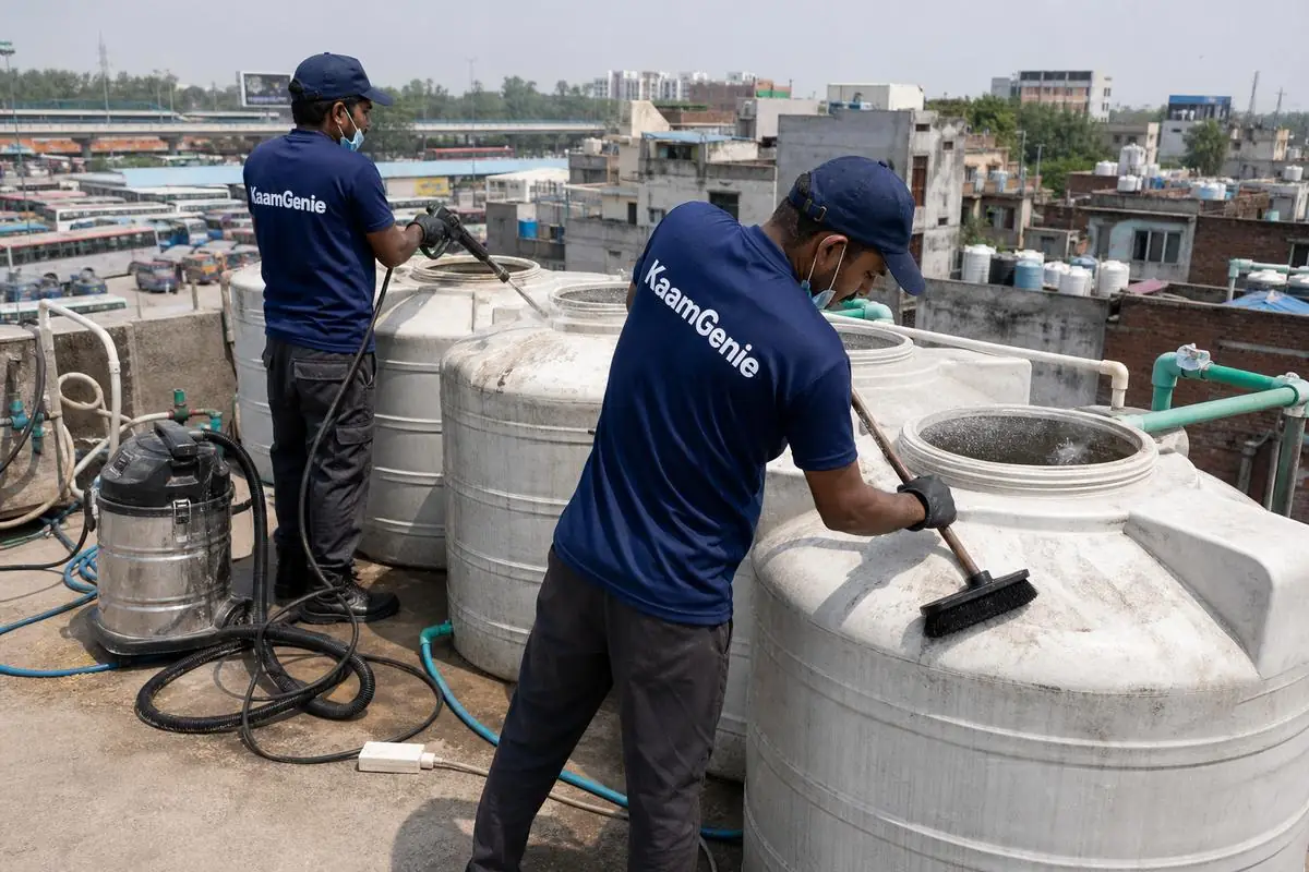 KaamGenie crew cleaning a society water tank in Anand Vihar, Delhi