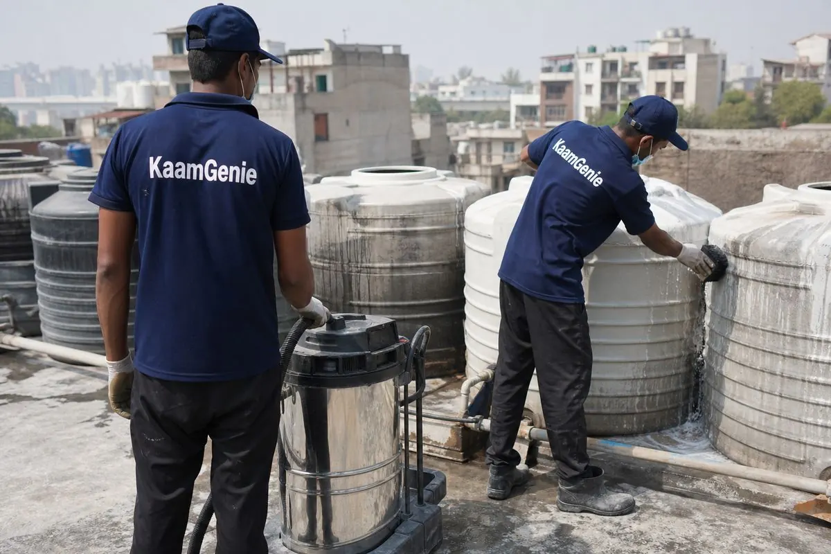KaamGenie crew cleaning a society water tank in Aruna Nagar (Majnu Ka Tila), Delhi