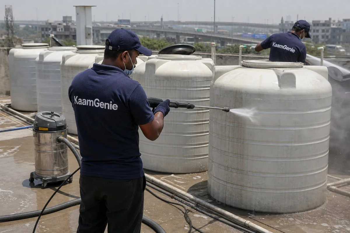 KaamGenie crew cleaning a society water tank in Ashram, Delhi
