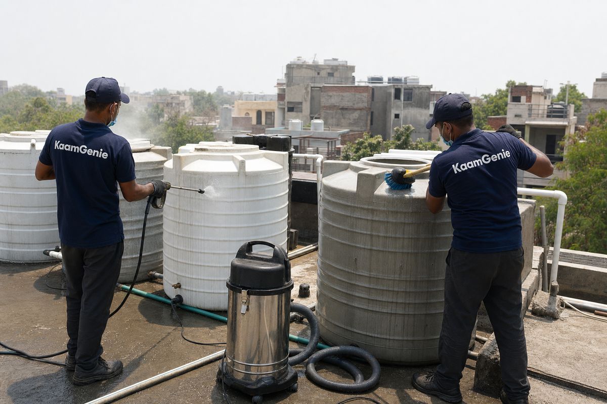 KaamGenie crew cleaning a society water tank in Asola, Delhi