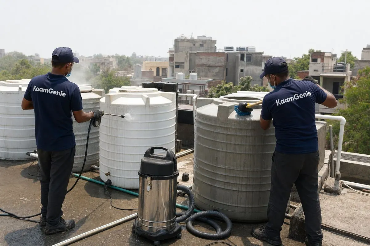 KaamGenie crew cleaning a society water tank in Asola, Delhi