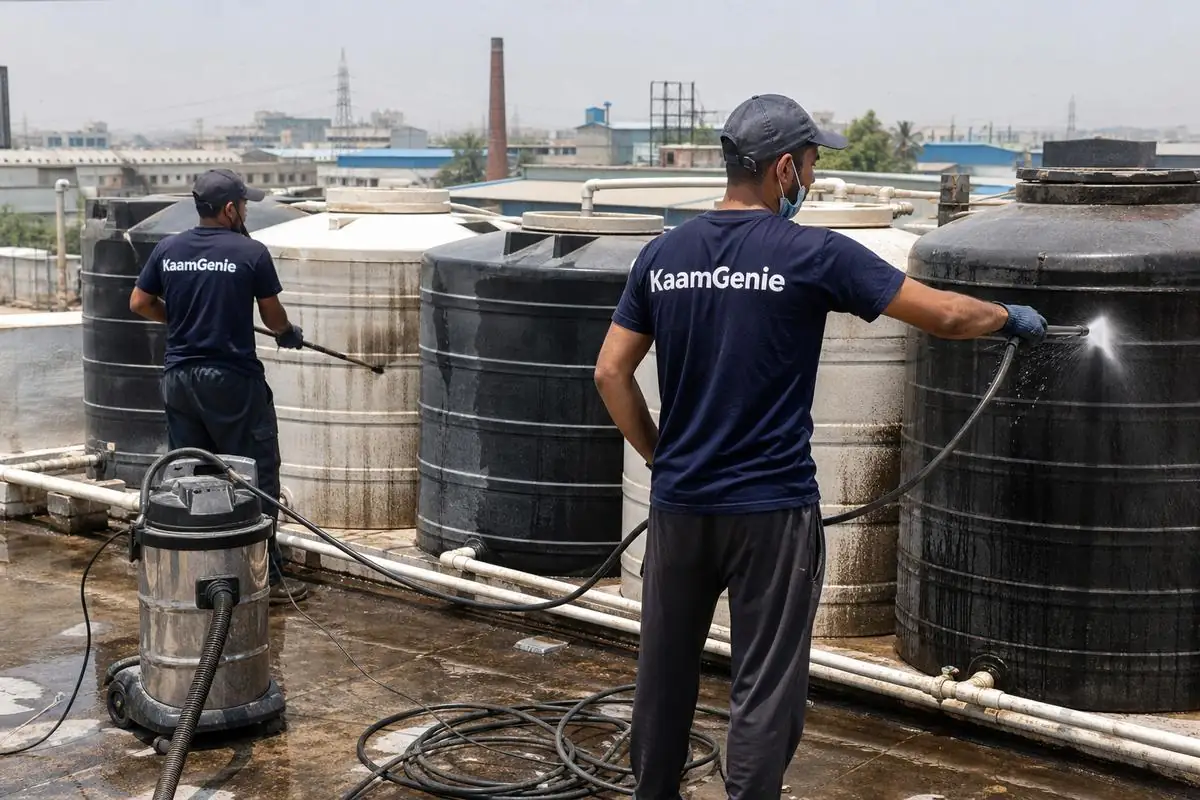 KaamGenie crew cleaning a society water tank in Badli, Delhi