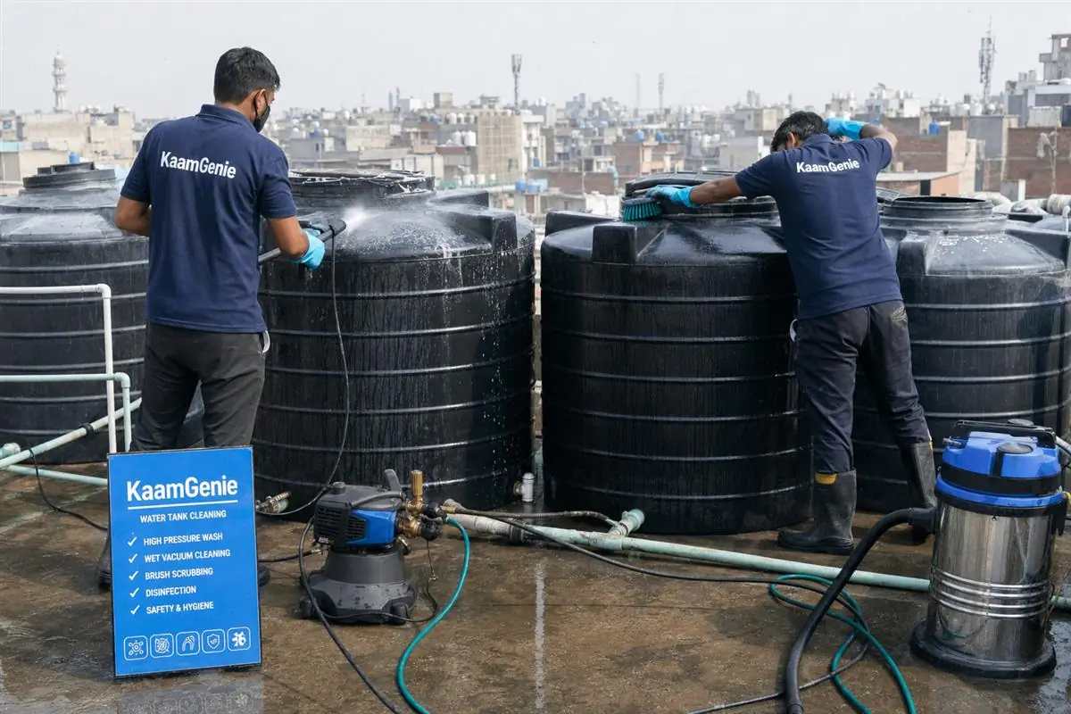 KaamGenie crew cleaning a society water tank in Batla House, Delhi