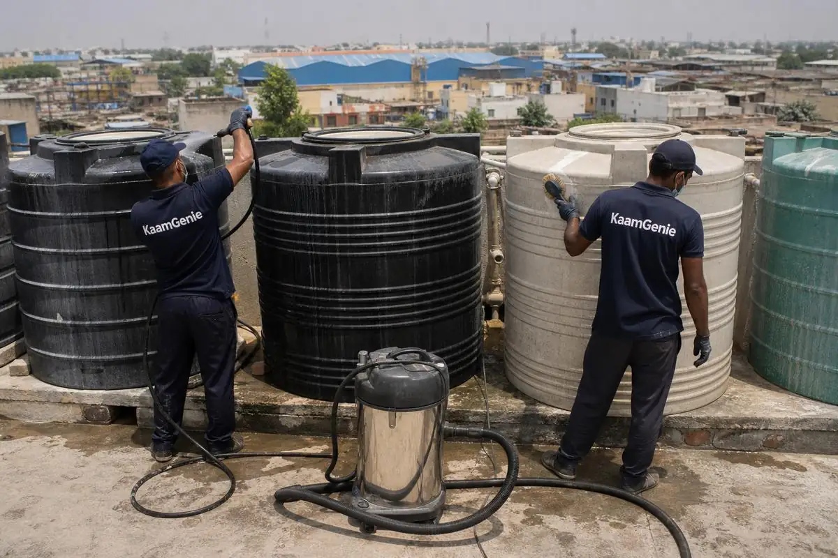 KaamGenie crew cleaning a society water tank in Bawana, Delhi