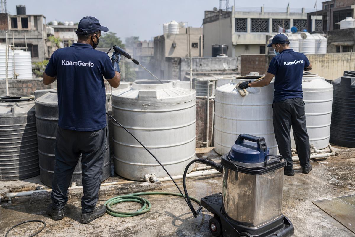 KaamGenie crew cleaning a society water tank in Bharat Nagar, Delhi