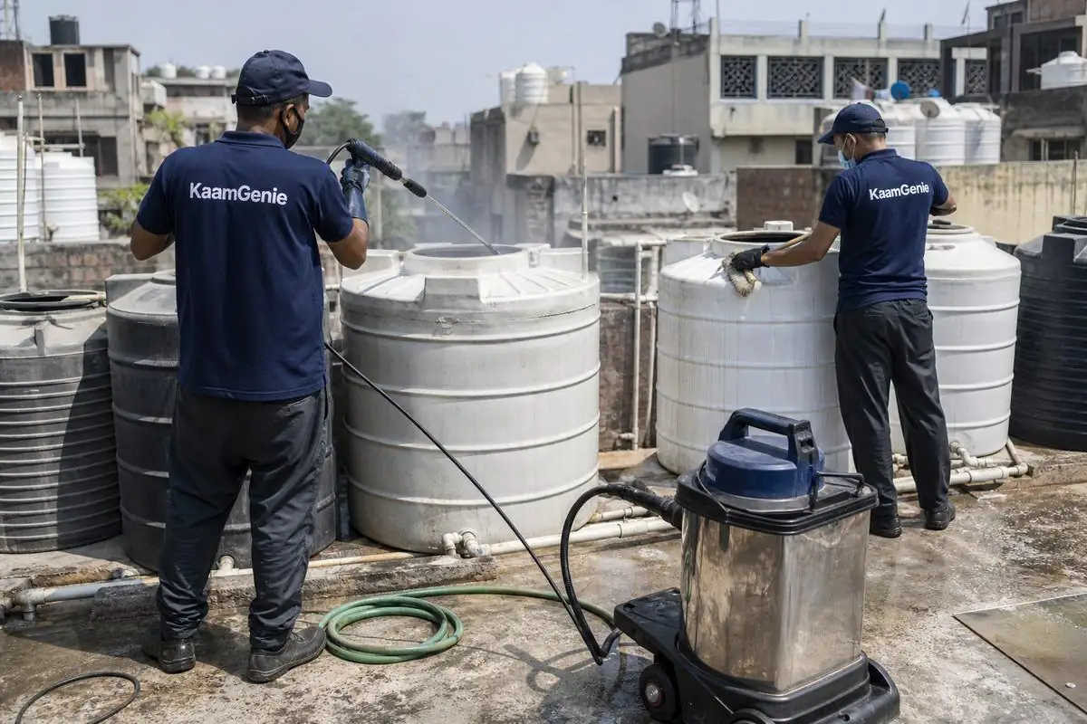 KaamGenie crew cleaning a society water tank in Bharat Nagar, Delhi
