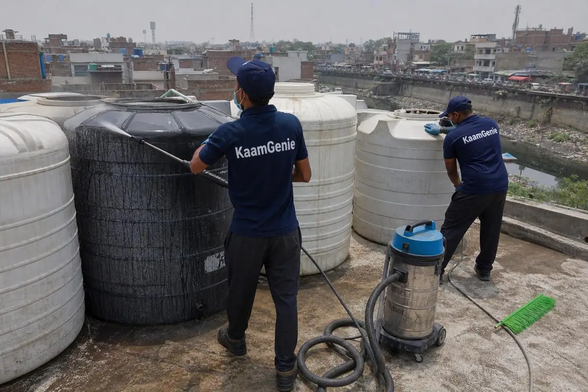 KaamGenie crew cleaning a society water tank in Chand Bagh, Delhi