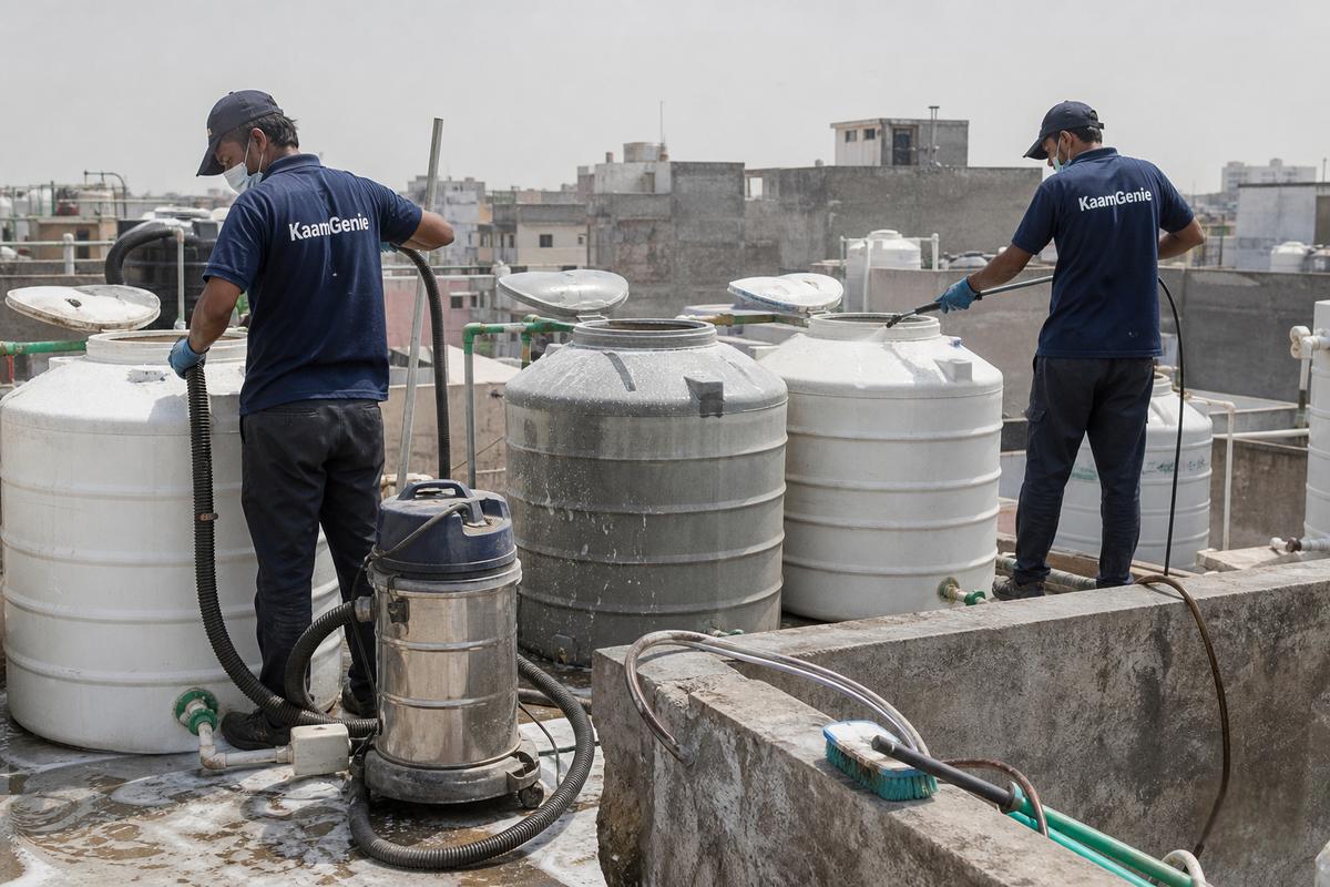 KaamGenie crew cleaning a society water tank in Chand Nagar, Delhi