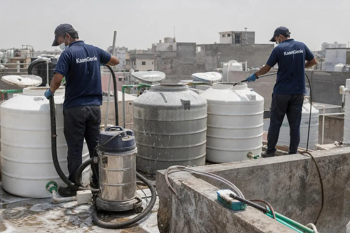 KaamGenie crew cleaning a society water tank in Chand Nagar, Delhi