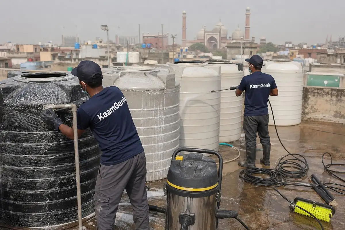KaamGenie crew cleaning a society water tank in Chandni Chowk, Delhi