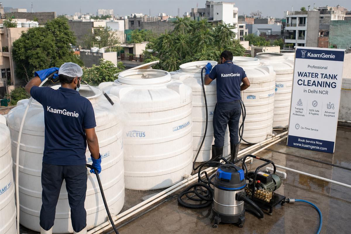 KaamGenie crew cleaning a society water tank in Chattarpur, Delhi