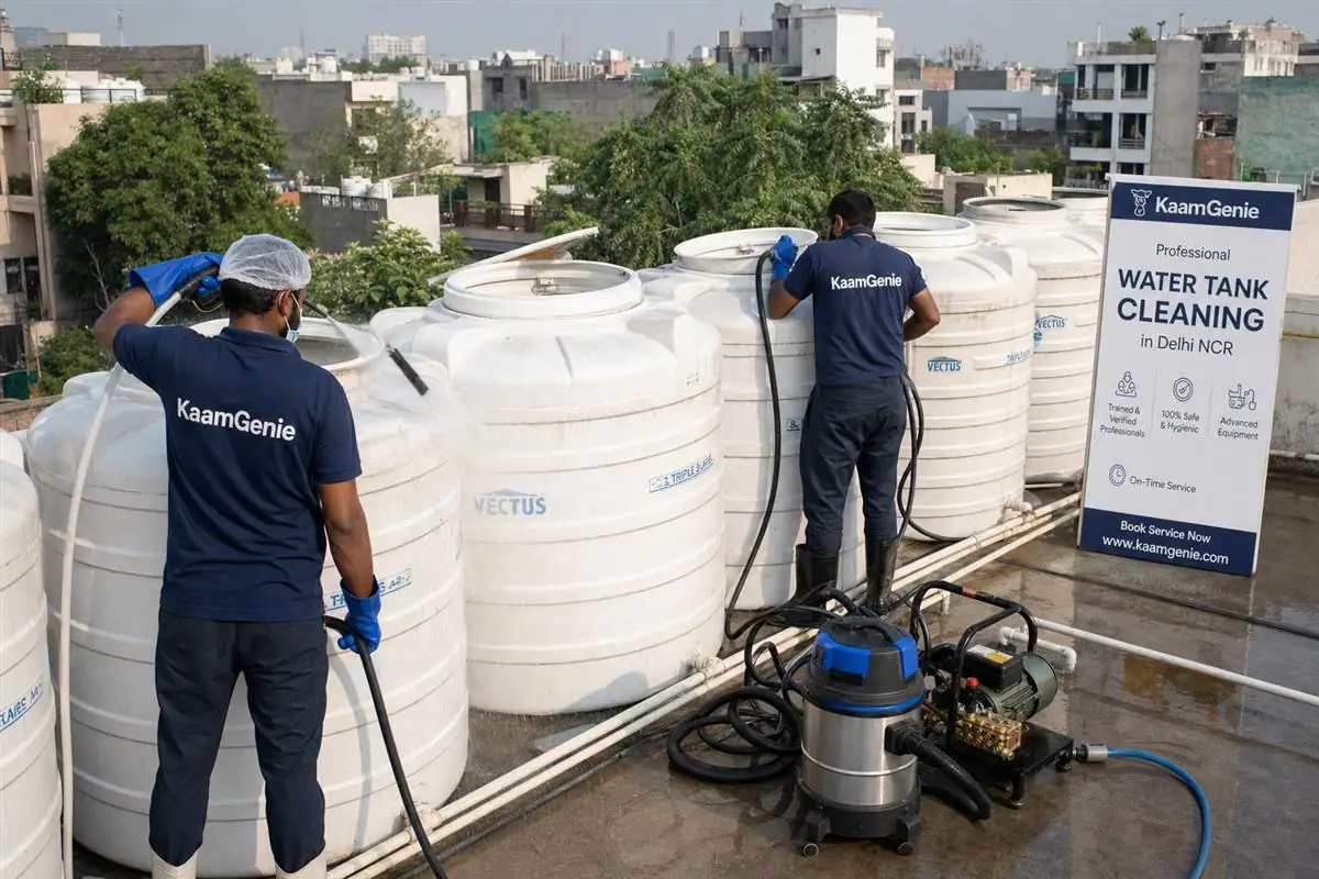 KaamGenie crew cleaning a society water tank in Chattarpur, Delhi