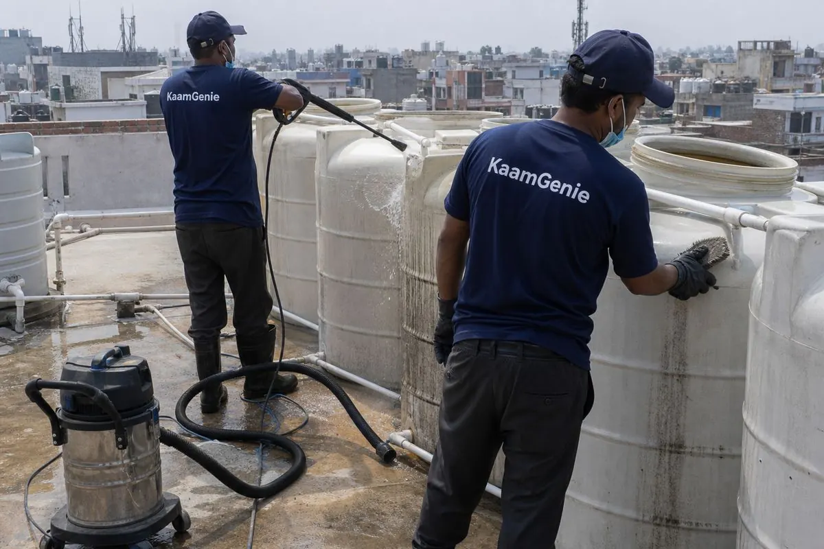 KaamGenie crew cleaning a society water tank in Chaukhandi, Delhi