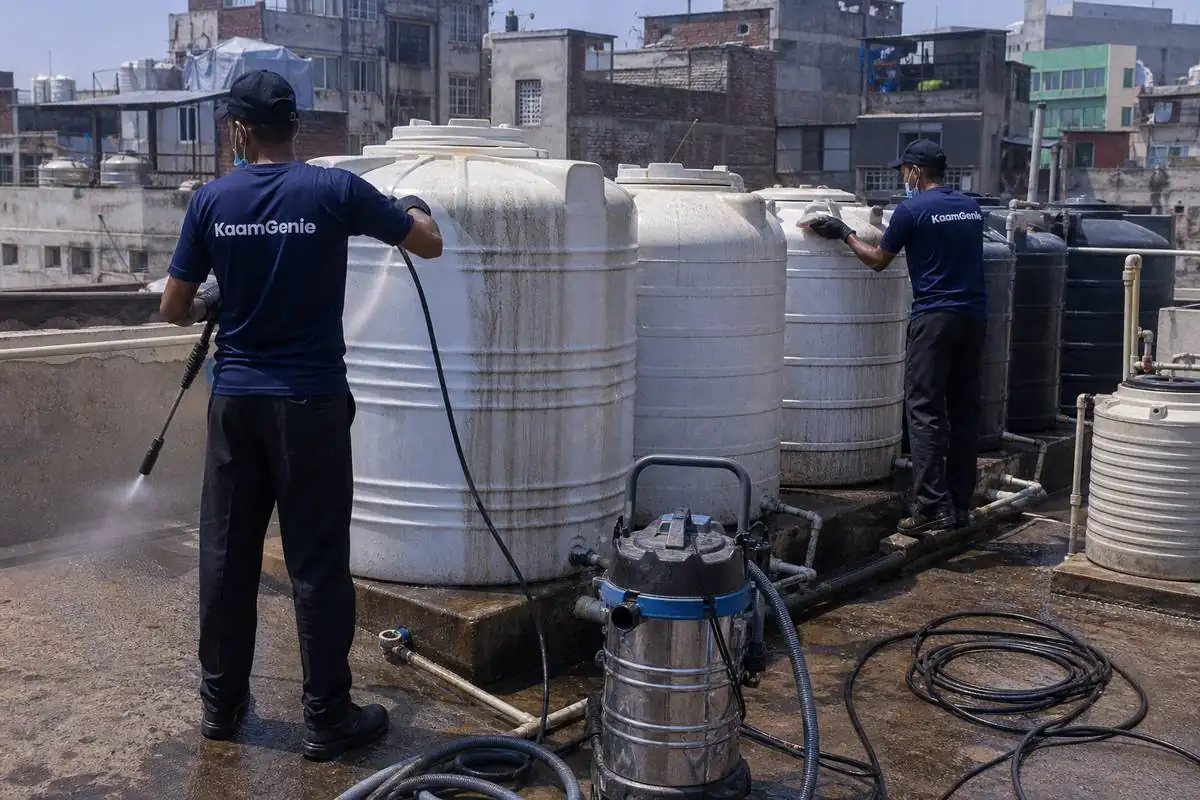 KaamGenie crew cleaning a society water tank in Chawri Bazar, Delhi