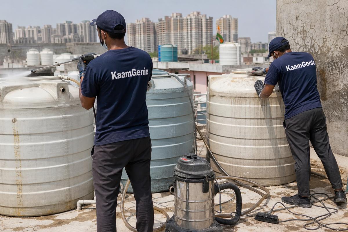KaamGenie crew cleaning a society water tank in Chilla, Delhi