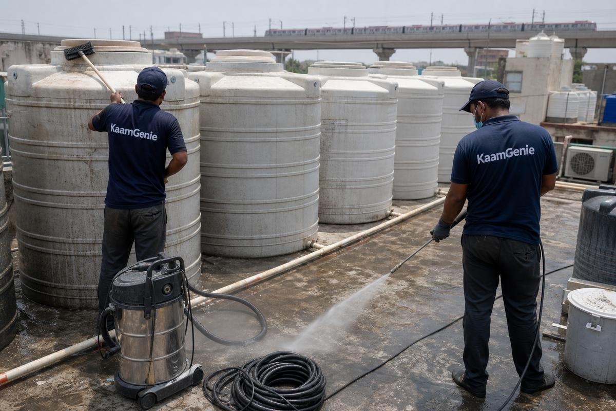 KaamGenie crew cleaning a society water tank in Dabri, Delhi