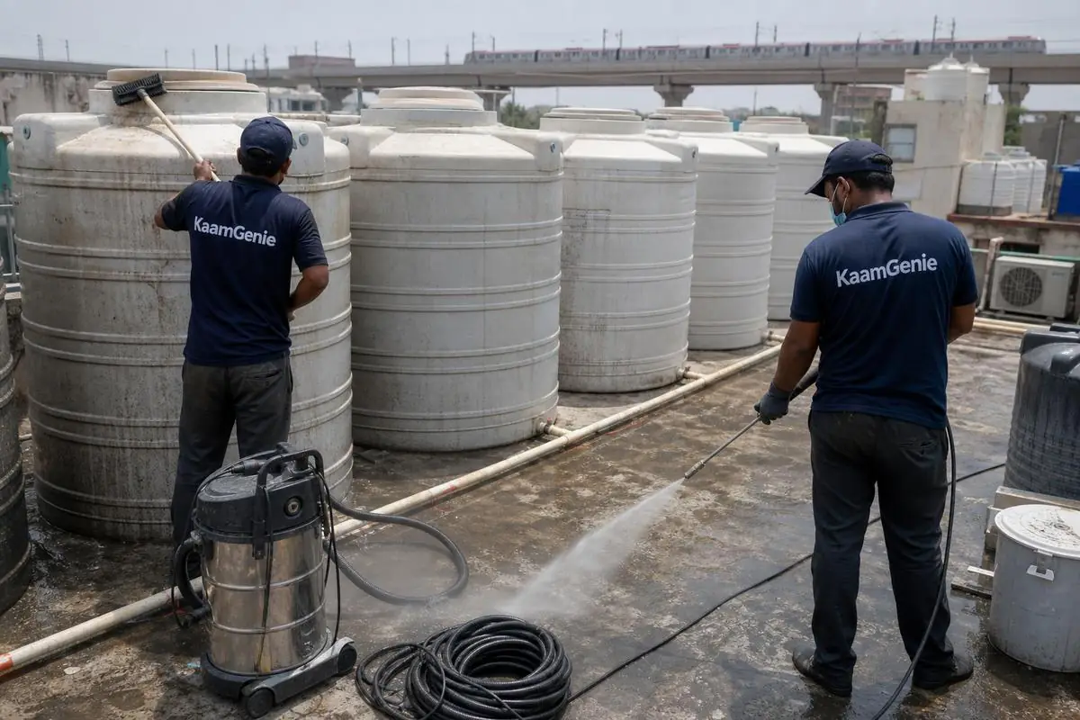 KaamGenie crew cleaning a society water tank in Dabri, Delhi