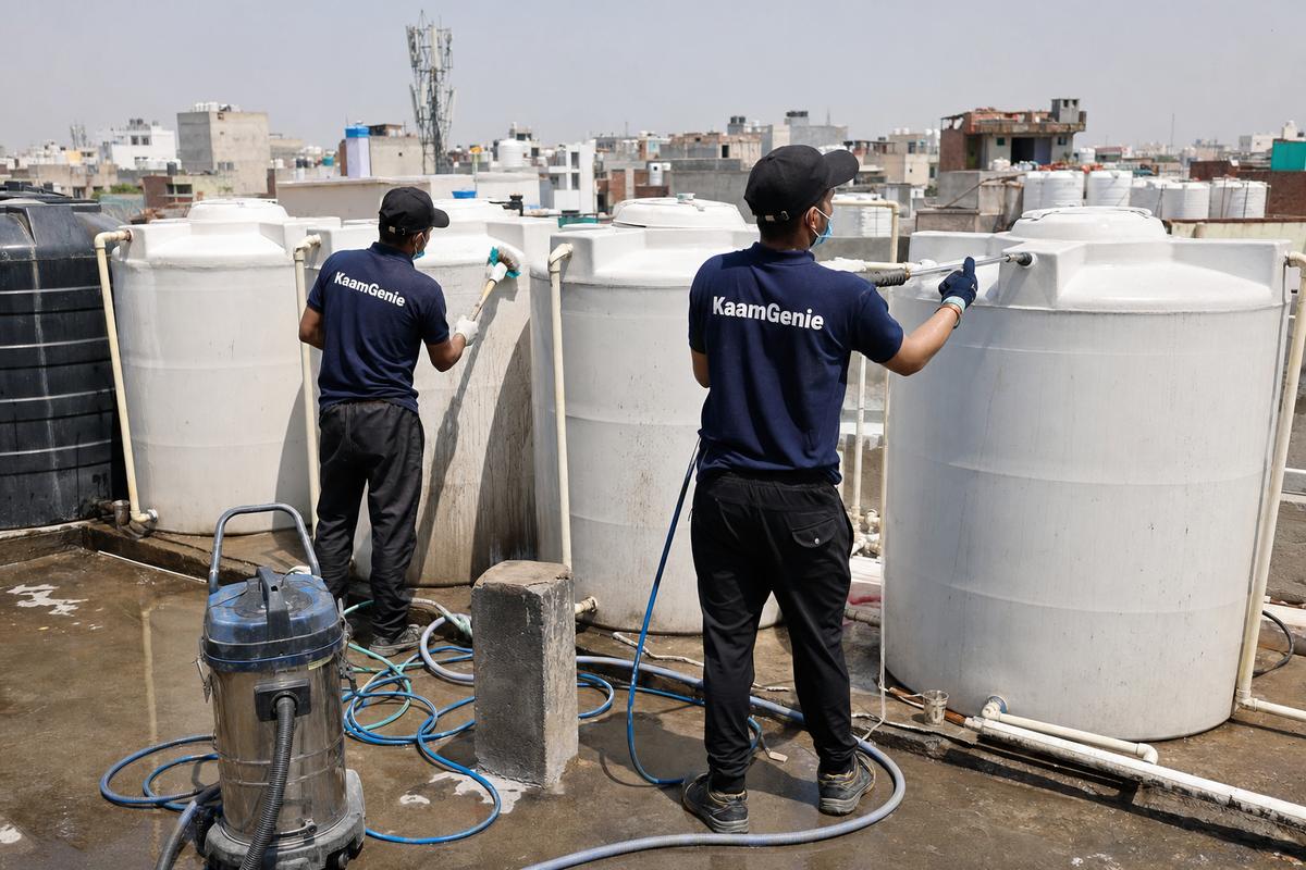 KaamGenie crew cleaning a society water tank in Dakshinpuri, Delhi
