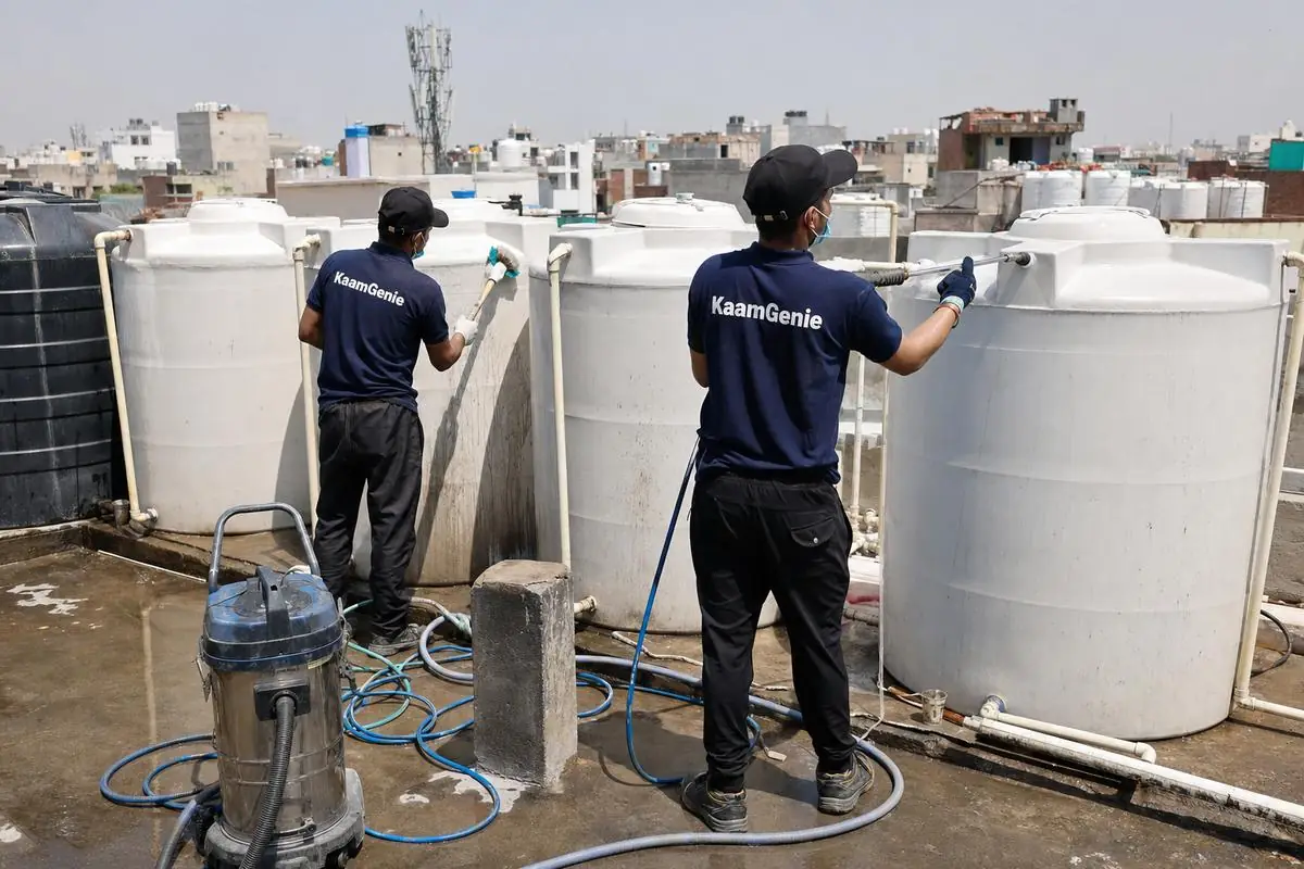 KaamGenie crew cleaning a society water tank in Dakshinpuri, Delhi