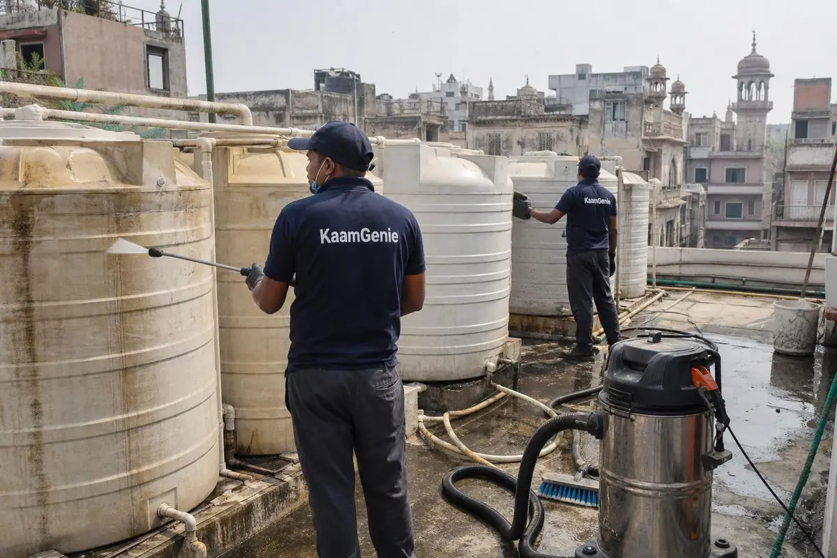 KaamGenie crew cleaning a society water tank in Dareeba (Kinari Bazar), Delhi